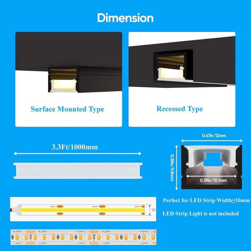 Besseto 10 Pack 1M/3.3Ft LED Aluminum Channel for Wall Panel,Wood Slat Wall Panel LED Strip Light Aluminum Channel Profile for Living Room Bedroom Bathroom Stairs (Silver-10Pack 3.3Ft) - Image 5